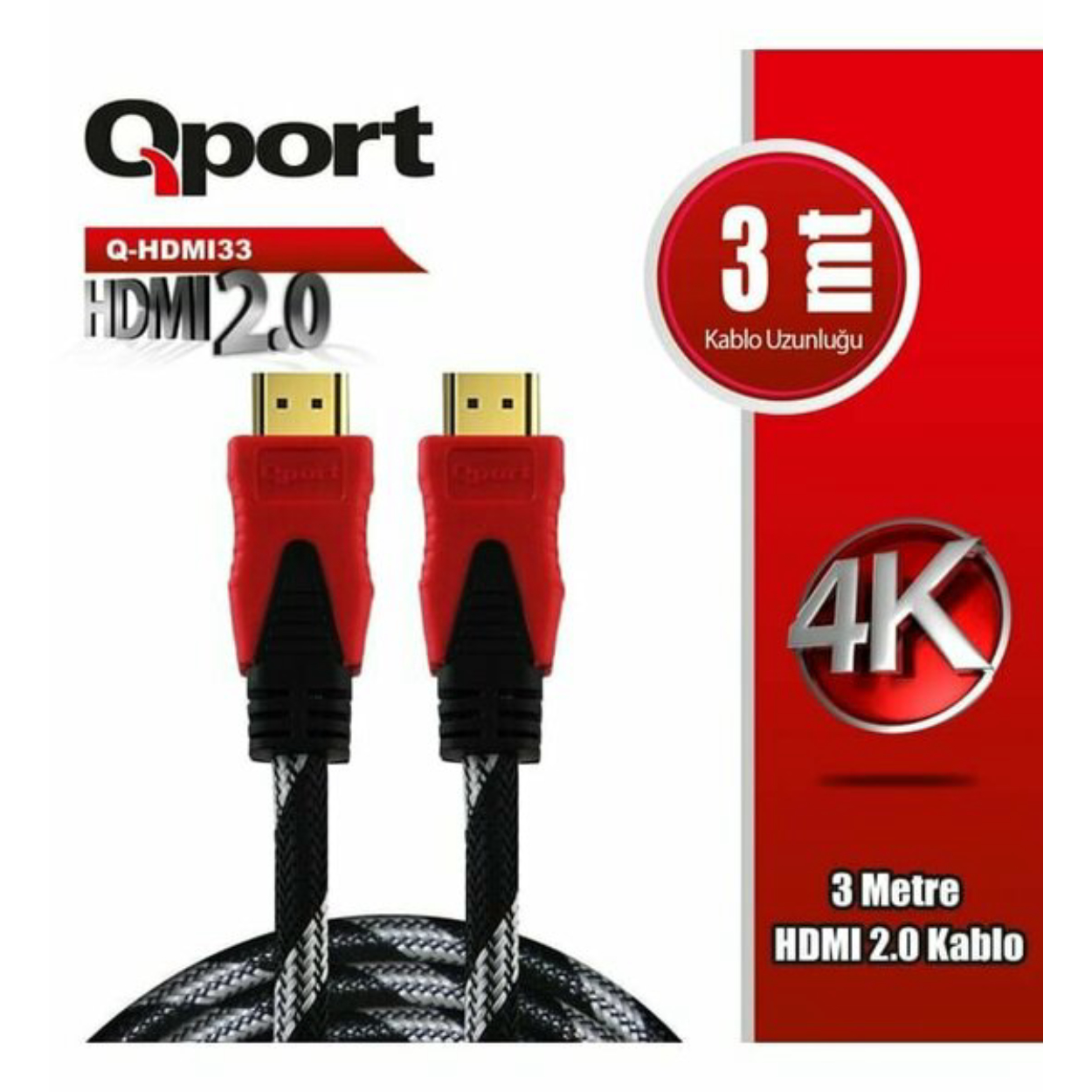 Qport Q-HDMI33 3 Mt HDMI to HDMI v2.0 4K 60Hz Altın Uçlu Örgülü HDMI Görüntü Kablosu