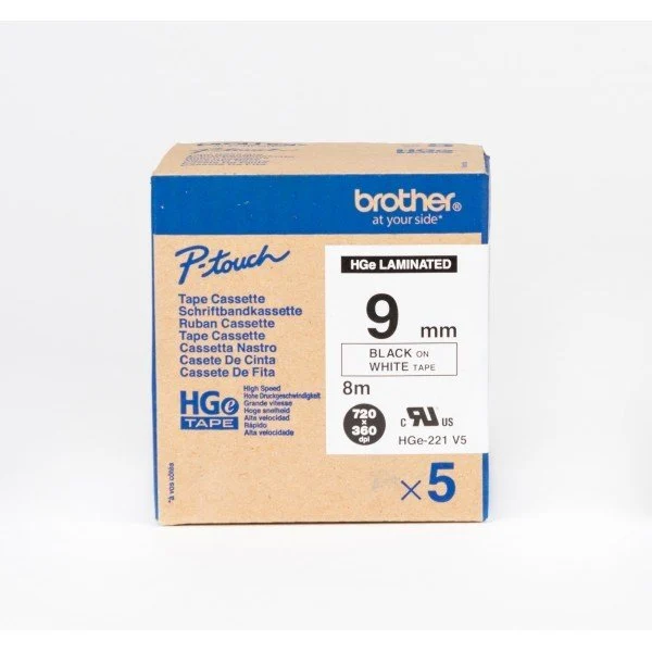 Brother HGE-221V5 P-Touch 9mmYüksek çözÜnürlüklü 5 li Beyaz Üzeri Siyah Etiket