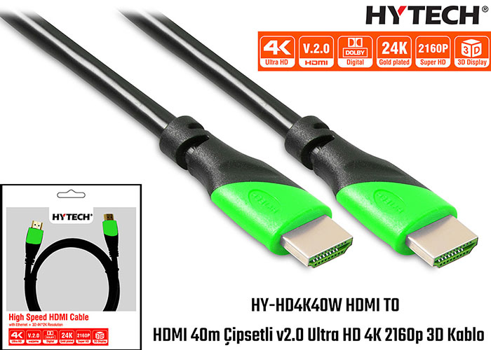 Hytech HY-HD4K40W 40 Mt HDMI to HDMI v2.0 Ultra HD 4K 2160p 3D Çipli Görüntü Kablosu