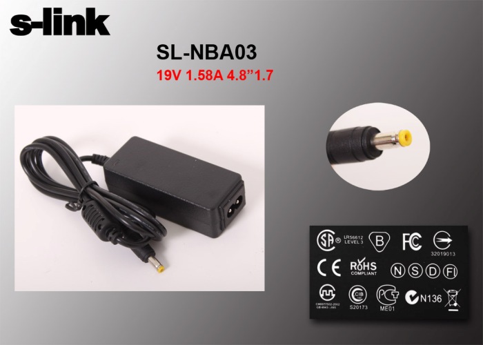 S-Link SL-NBA03 19V 1.58A 30W 4.8x1.7mm Siyah Hp Netbook Standart Adaptör