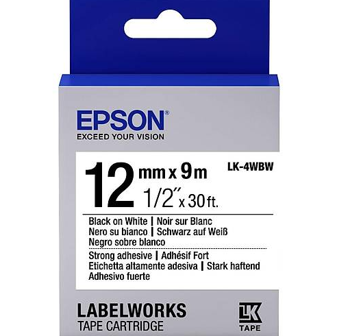 Epson LK-4WBW 12mm 9Metre Güçlü Yapışkanlı Beyaz Üzeri Siyah Etiket