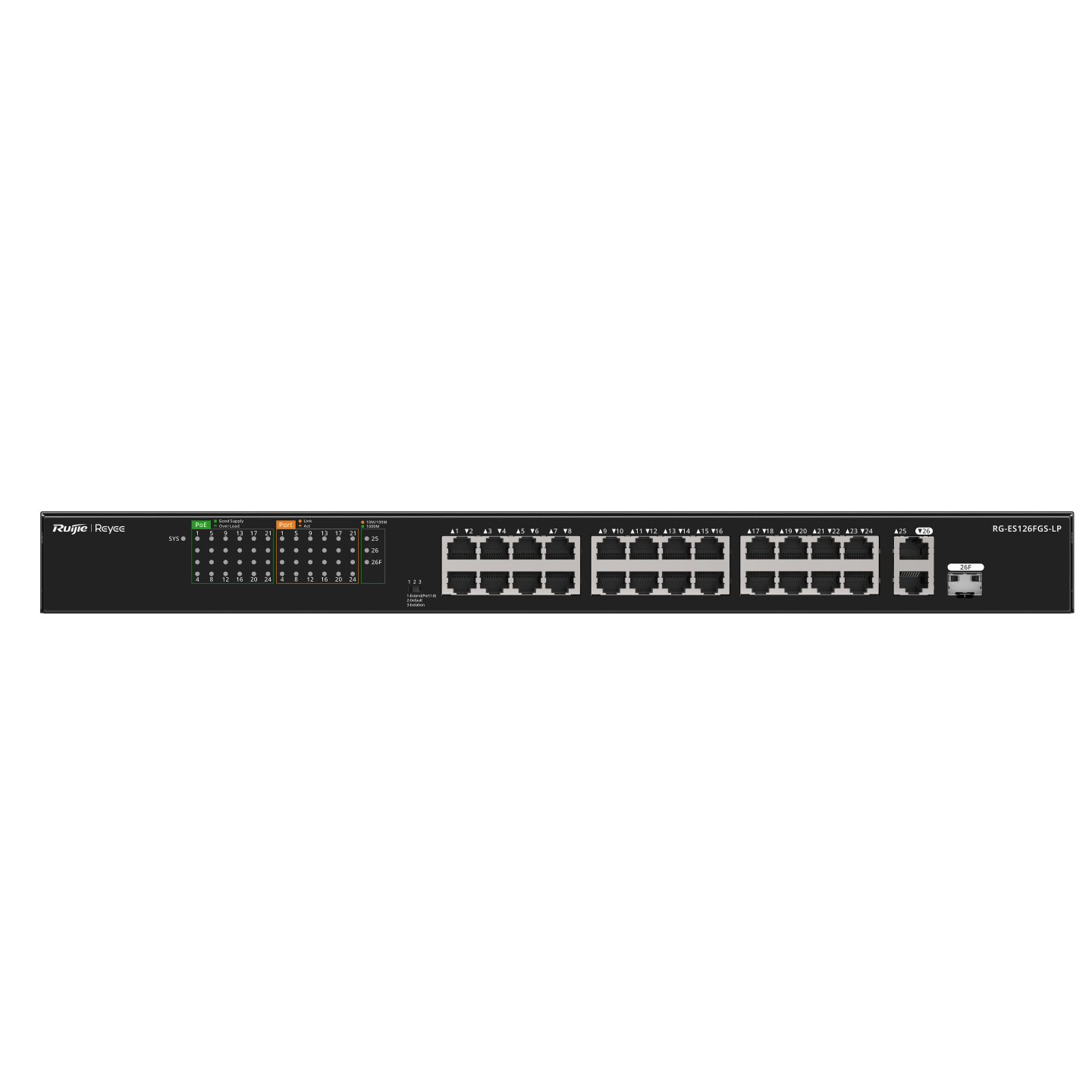 Ruijie RG-ES126FGS-LP 24 Port 100Mbps PoE 2 Port Uplink 1 Port SFp 180W PoE Switch