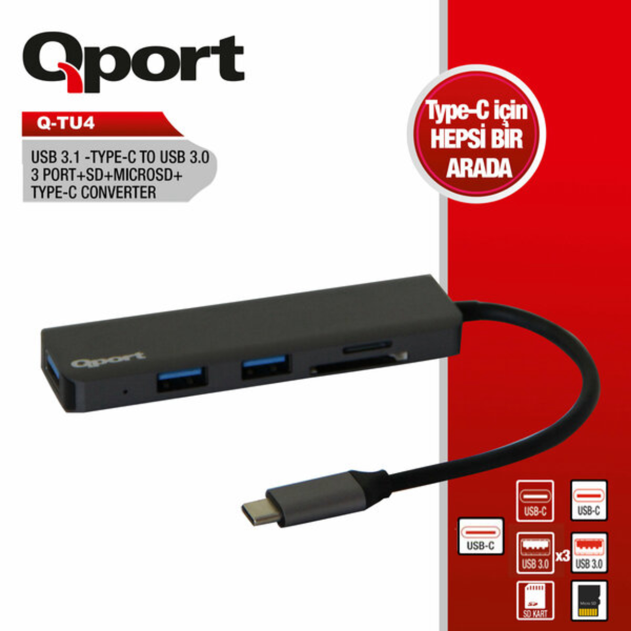 Qport Q-TU4 USB Type C to USB 3.0 SD microSD Kart Okuyucu