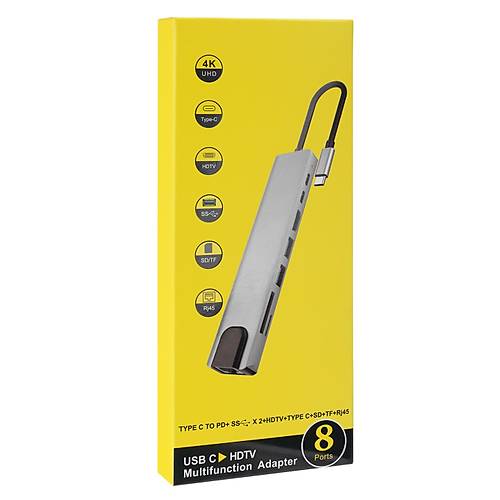 Hytech HY-USBC82 USB Tyep C to HDMI 4K 2xUSB 3.0 RJ45 100Mbps SD/TF Kart Okuyucu Adaptr