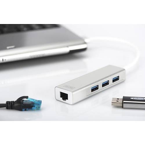 Digitus DA-70250-1 USB 3.0 to RJ45 Gigabit 3 Port USB 3.0 Beyaz USB Harici Ethernet Kart