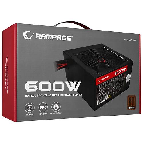 Rampage RMP-600-80P 600W 80 Plus Bronze 12cm Fanl Aktif PFC ATX Power Supply