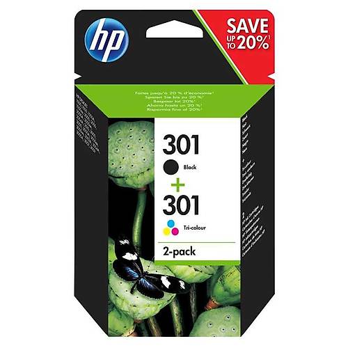 Hp N9J72AE 301 190-165 Sayfalk Siyah 3 renkli 2 Li Paket Orijinal Inkjet Kartu