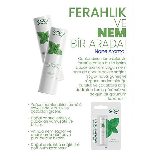 Sezy Nane Aromal Nemlendirici Lip Balm 5 gr  Doal & Ferah Dudak Bakm