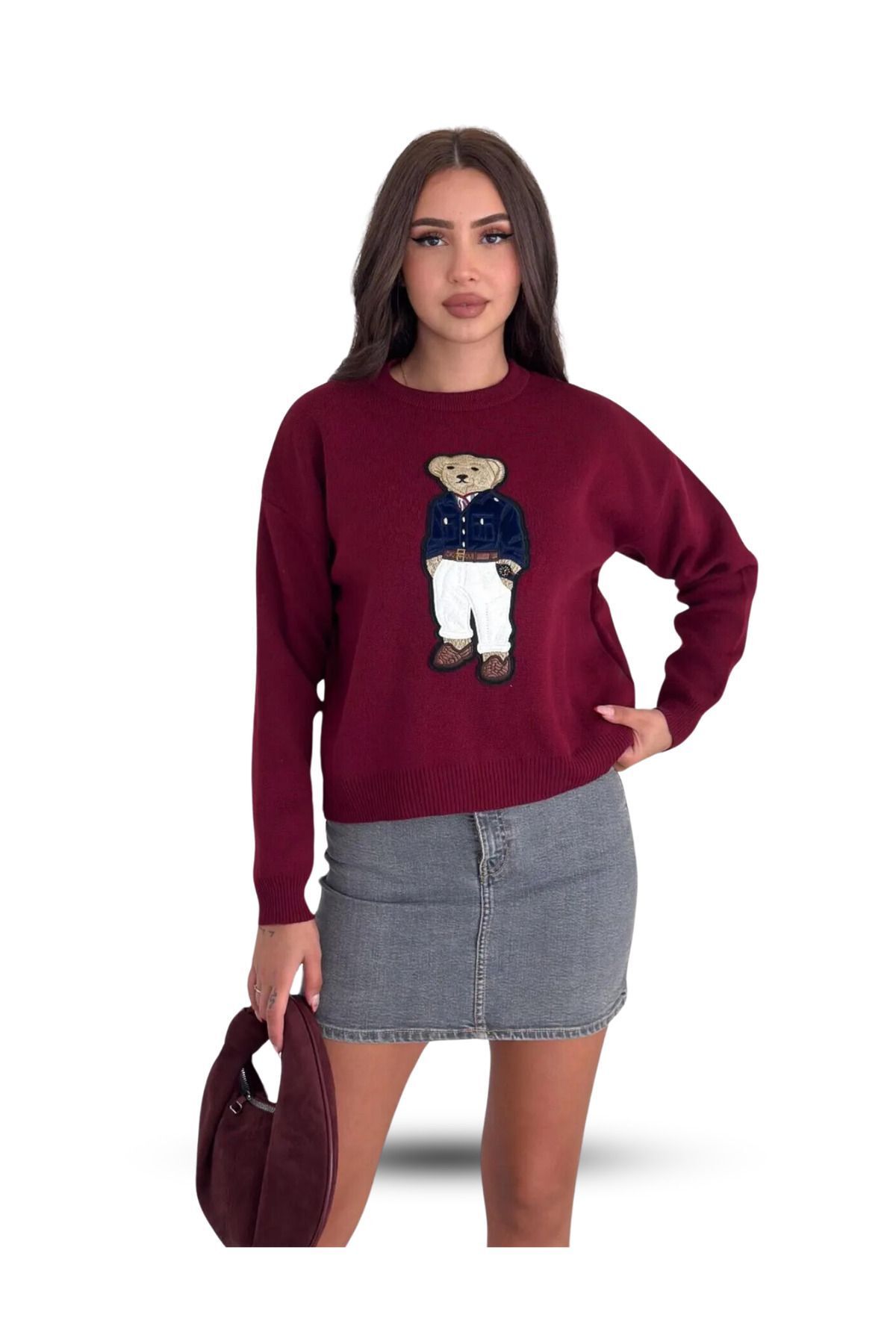 Teddy Bear Ayıcık Desenli Standart Beden Triko Bordo Kadın Kazak