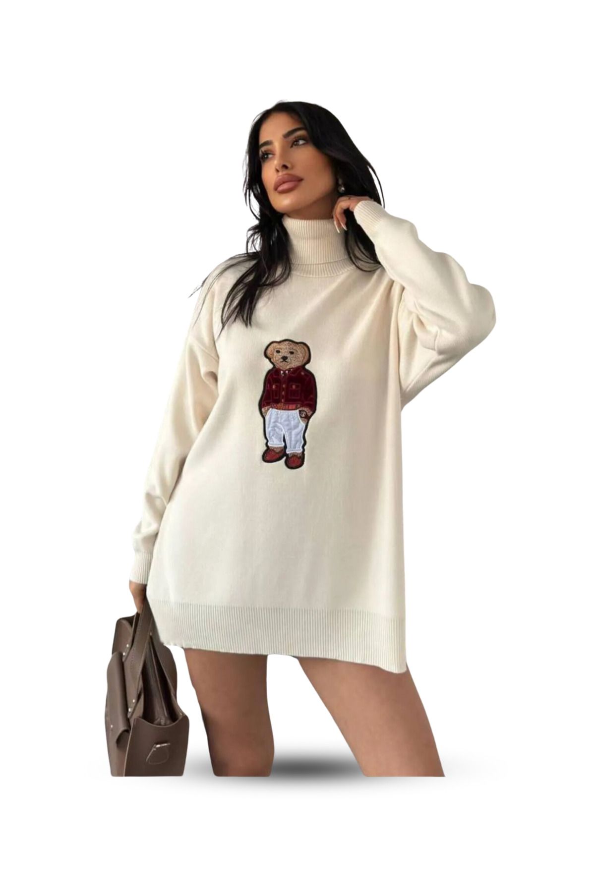 Ayıcıklı Kazak - Balıkçı Yaka Teddy Bear Aplikli Oversize Kadın Triko Kazak KREM