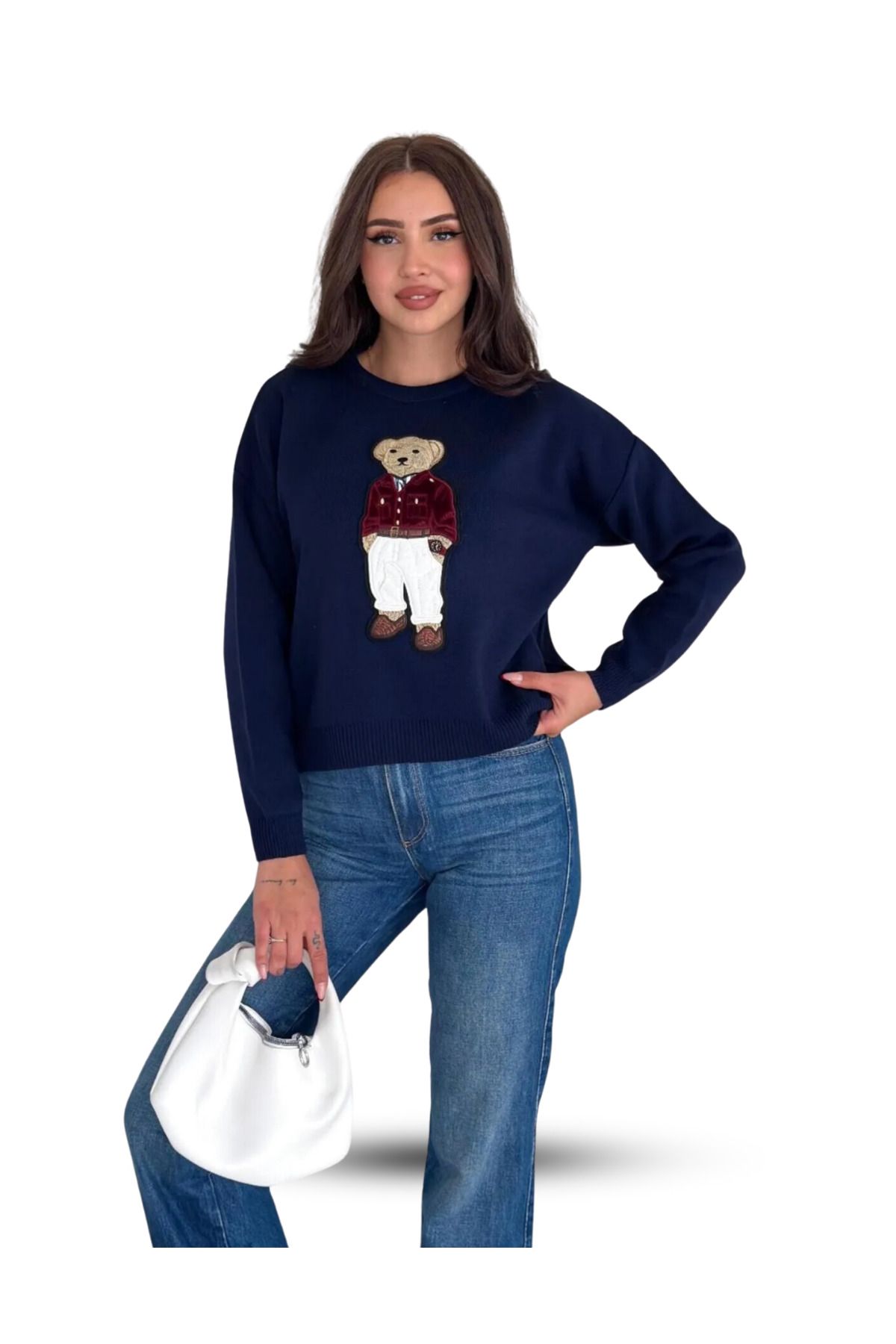 Teddy Bear Ayıcık Desenli Standart Beden Lacivert Triko Kadın Kazak