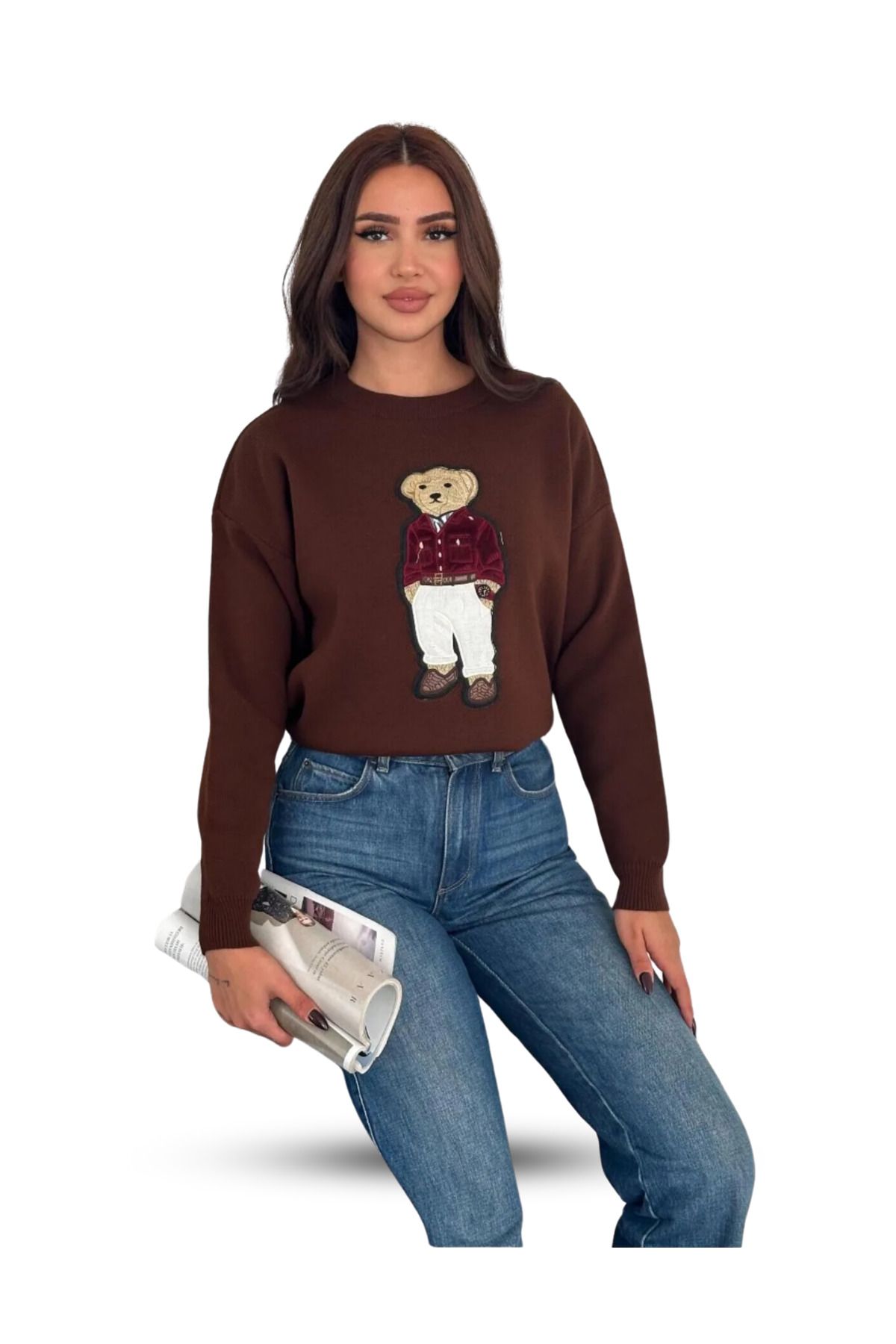 Teddy Bear Ayıcık Desenli Standart Beden Triko Kahverengi Kadın Kazak