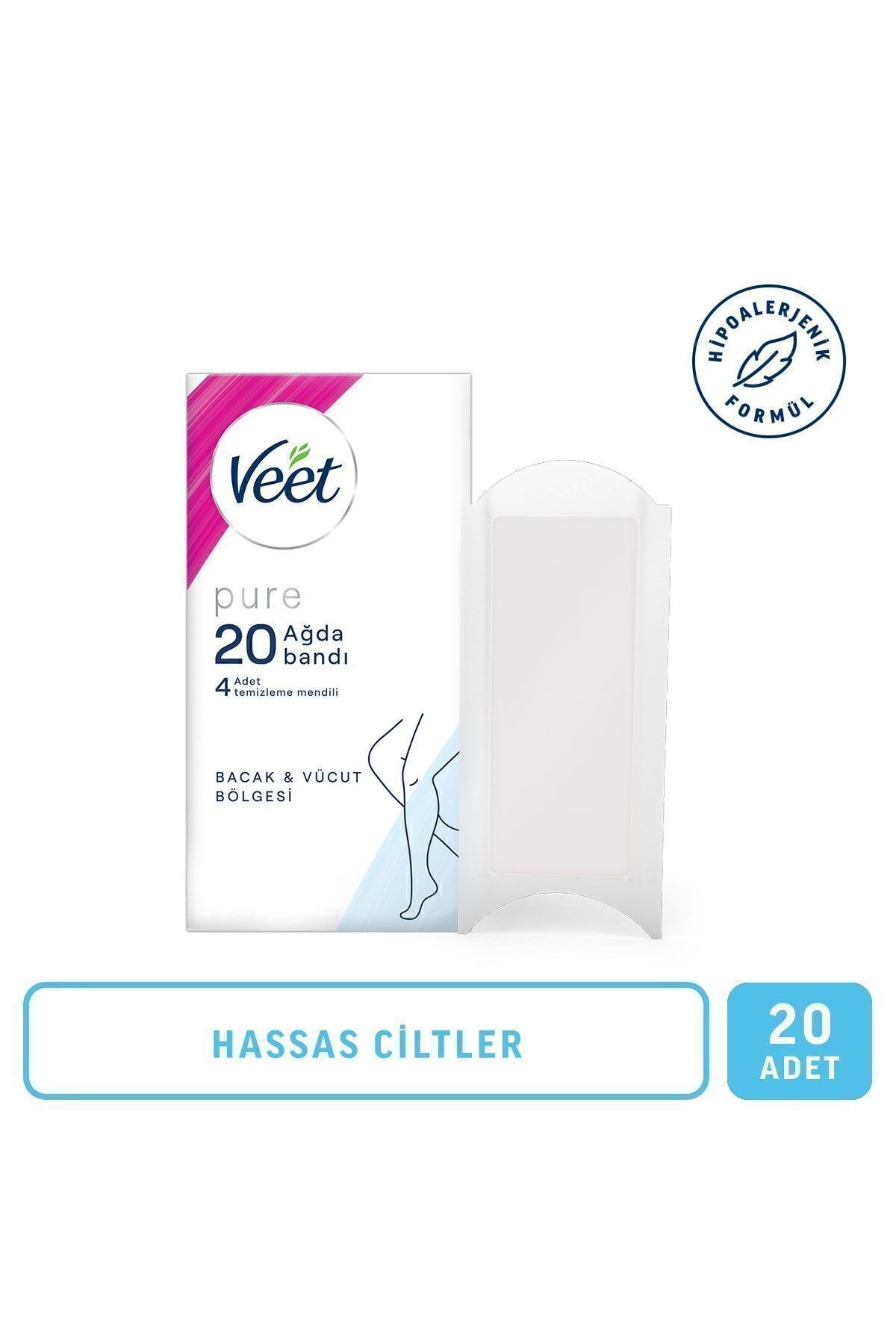 Veet Pure Hipoalerjenik Bandı Bacak & Vücut Bölgesi Sir Ağda Bandı Hassas Ciltler için 20'li