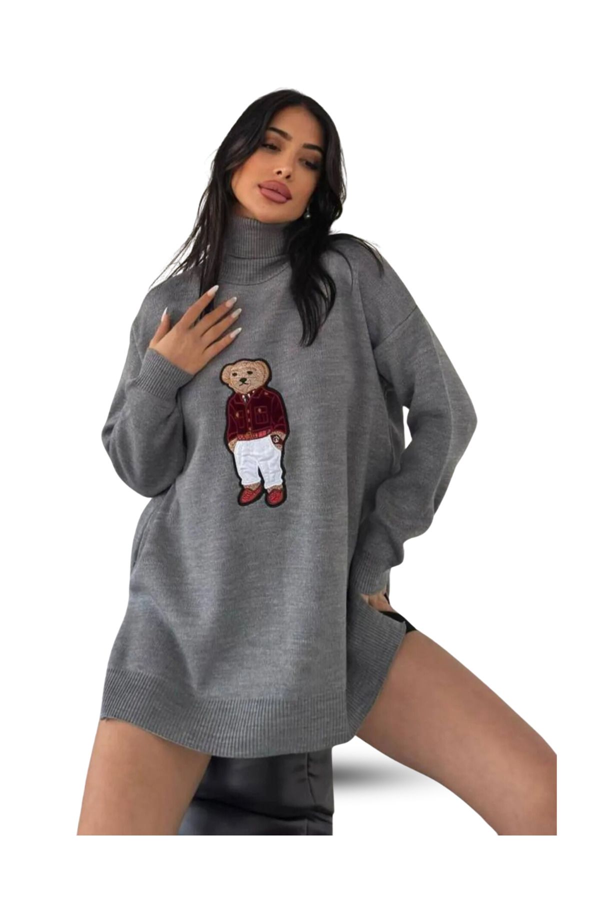 Ayıcıklı Kazak - Balıkçı Yaka Teddy Bear Aplikli Oversize Kadın Triko Kazak