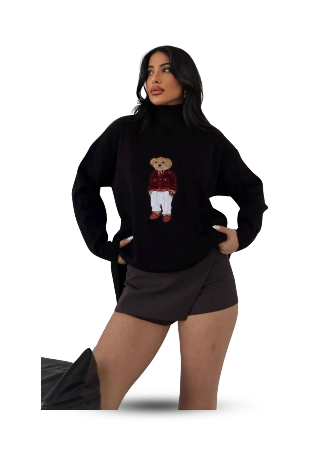 Ayıcıklı Kazak - Balıkçı Yaka Teddy Bear Aplikli Oversize Kadın Triko Kazak Siyah