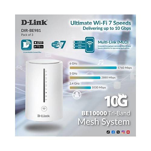 D-LINK DIR-BE981/3 Kablosuz BE 10000 WI-FI 7 Tri-Band 2.4 GHZ/5 GHZ/6 GHZ Mesh Router