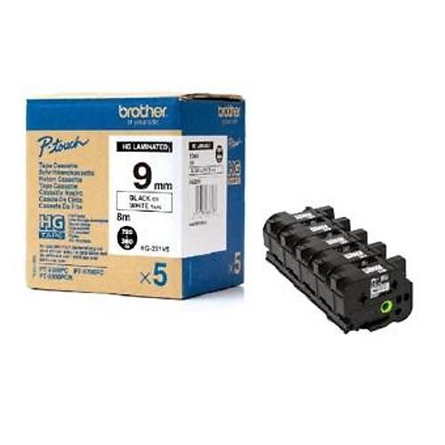 Brother P-Touch HGE-221V5 TZE-TAPE 9mm Beyaz �zerine Siyah Y�ksek ��z�n�rl�kl� Laminasyon Etiket 5'li Paket