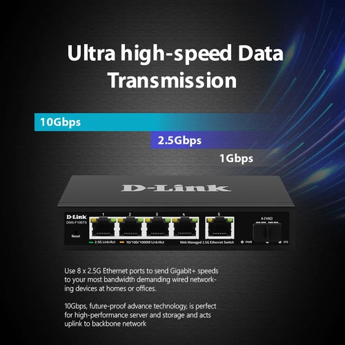 D-Link DMS-F106TS 5x1000M/ 2.5G RJ45, 1x 10G SFP+ Y�netilemez Switch