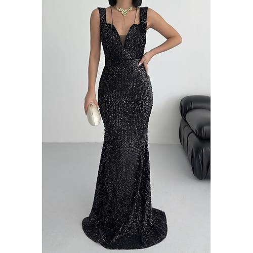 Trend Band Kol Kadife Balk Elbise Siyah