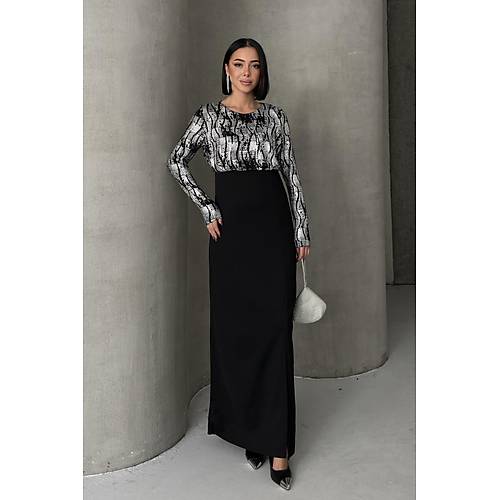 Siyah Gold Desenli Uzun Kollu k Maxi Abiye Elbise