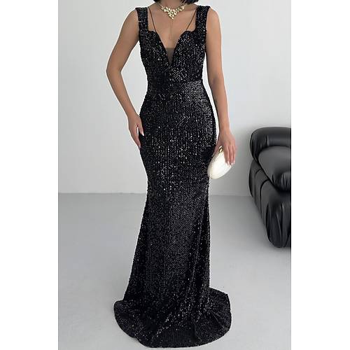 Trend Band Kol Kadife Balk Elbise Siyah