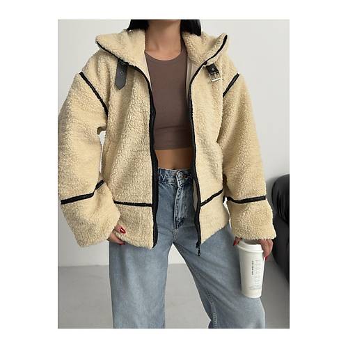 Viral Teddy Pelu� Bej Biker Ceket