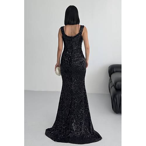 Trend Band Kol Kadife Balk Elbise Siyah