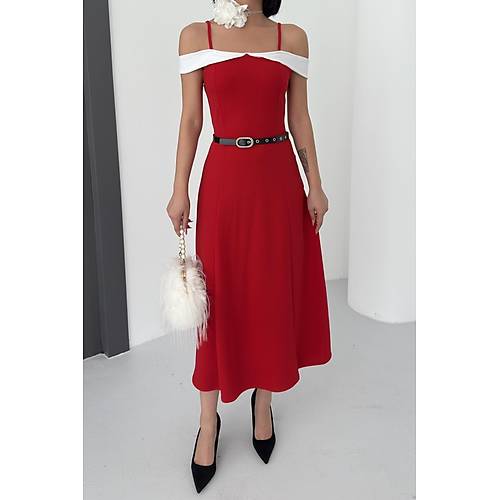 ift Renk Midi Kemerli Beyaz Elbise