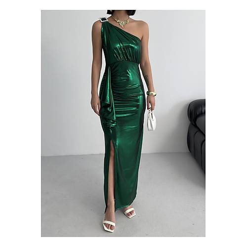 Kadn Omuz Aksesuarl Volanl yrtma parlak kuma Abiye Mezuniyet Nikah Lacivert Elbise