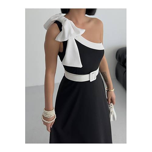 Tek Omuz Kemerli Kadn Midi Mor Abiye Elbise Fiyonk Detayl k Tasarm