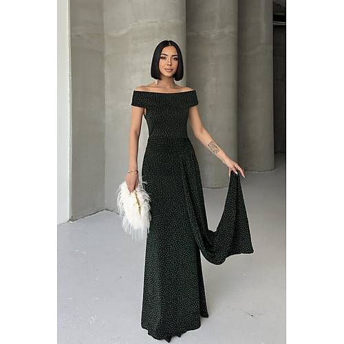 Dk Omuz Drapeli Simli Abiye Elbise