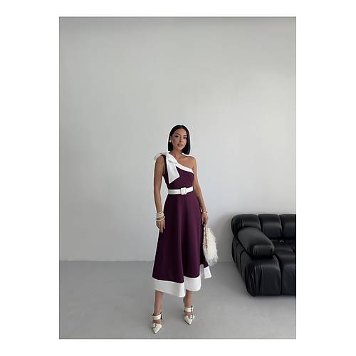 Tek Omuz Kemerli Kadn Midi Mor Abiye Elbise Fiyonk Detayl k Tasarm