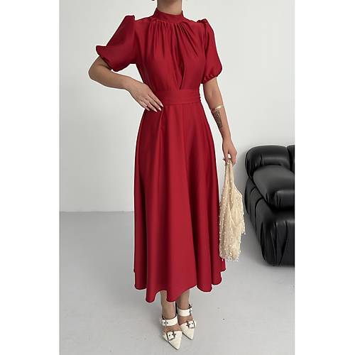 Nil Lacivert Klo Etek Ksa Kol Midi Boy Saten Abiye Elbise Lacivert