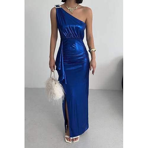 Kadn Omuz Aksesuarl Volanl yrtma parlak kuma Abiye Mezuniyet Nikah Lacivert Elbise