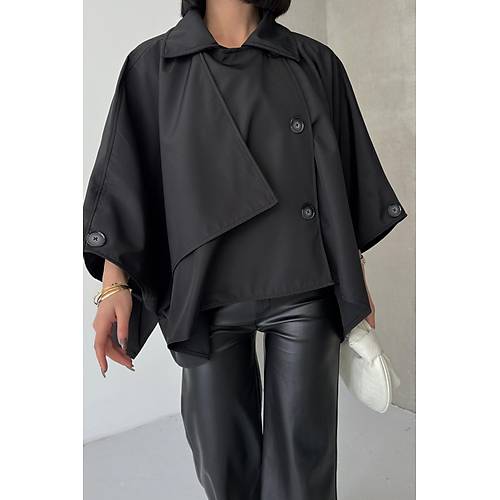 Siyah Yarasa Kol Detay Yakal Dmeli Rahat Kalp Oversize Midi Boy Trenkot