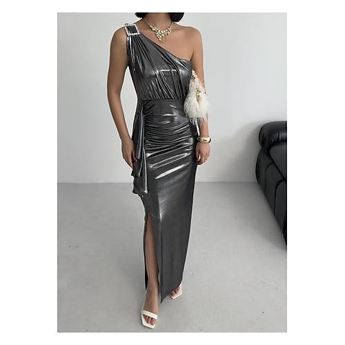 Kadn Omuz Aksesuarl Volanl yrtma parlak kuma Abiye Mezuniyet Nikah Lacivert Elbise