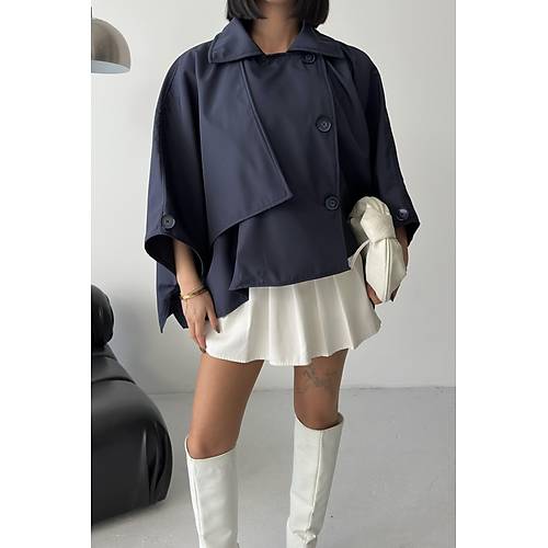 Siyah Yarasa Kol Detay Yakal Dmeli Rahat Kalp Oversize Midi Boy Trenkot