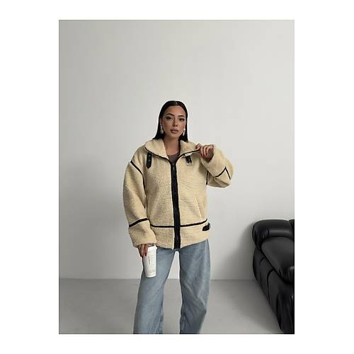 Viral Teddy Pelu� Bej Biker Ceket