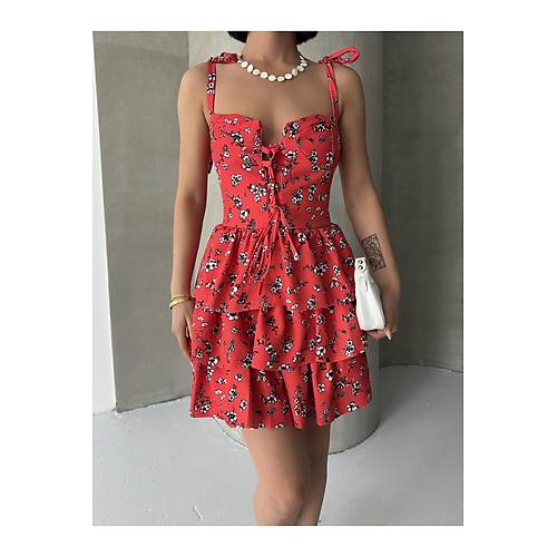 Ask�l� Elbise Ete�i Volanl� Elbise G���s Destekli K�rm�z� Mini Elbise �i�ekli Elbise Desenli Elbise