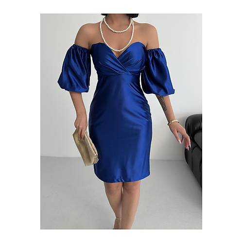 Bandeau Balon Kol Bodycon Mini Abiye Elbise
