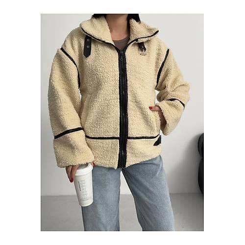 Viral Teddy Pelu� Bej Biker Ceket