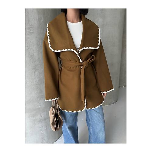 Nak�� Detayl� Kemerli Yumu�ak Siyah Ceket