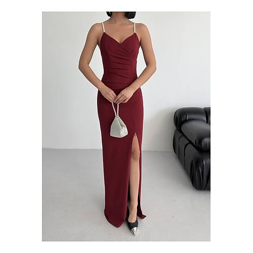 Scuba Kuma� Ask� Ta� Detay Ince Ask�l� Y�rtma�l� Abiye Elbise Bordo