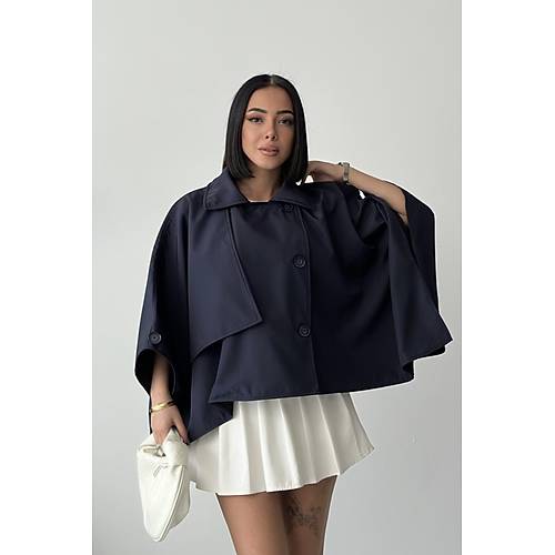 Siyah Yarasa Kol Detay Yakal Dmeli Rahat Kalp Oversize Midi Boy Trenkot