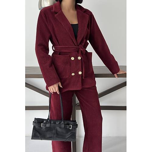 Bordo Fitilli Kadife Ceket Pantolon Tak�m