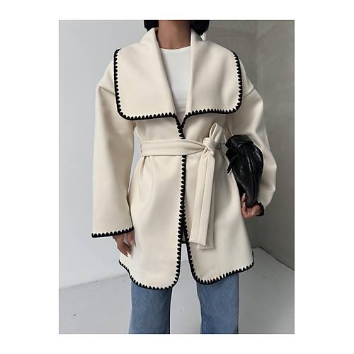 Nak�� Detayl� Kemerli Yumu�ak Siyah Ceket