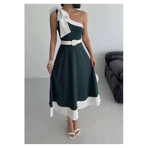 Tek Omuz Kemerli Kadn Midi Mor Abiye Elbise Fiyonk Detayl k Tasarm