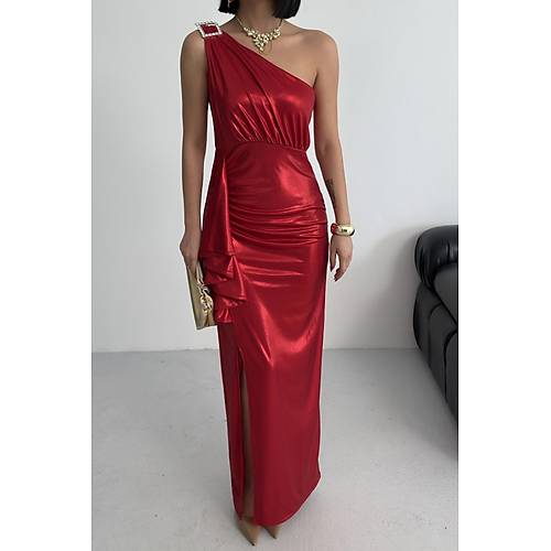 Kadn Omuz Aksesuarl Volanl yrtma parlak kuma Abiye Mezuniyet Nikah Lacivert Elbise