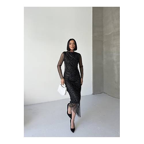 Kadn Hakim Yaka Transparan Tl Kollu Astarl Drapeli Midi Abiye Puantiyeli Elbise