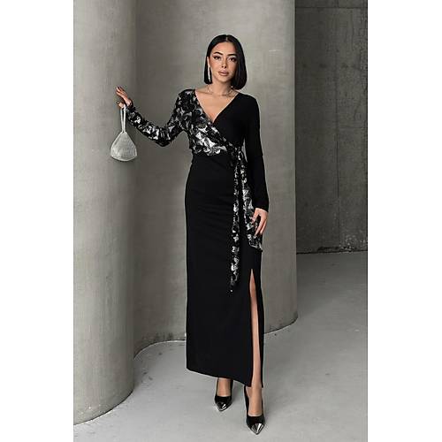 Siyah Gold Desenli Kruvaze Uzun Abiye Elbise